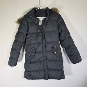 Mademoiselle Jacadi Paris Black Puffer Coat Faux Fur Hood Girls M